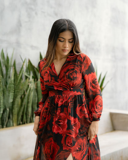 Surplice Neckline Roses Printed Maxi Dress