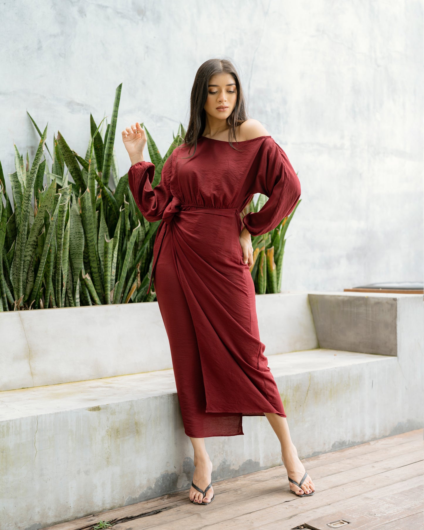 Drop Shoulder Long Sleeve Front Knot Dress