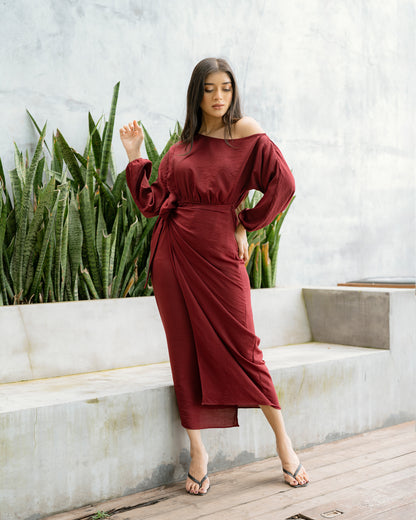 Drop Shoulder Long Sleeve Front Knot Dress