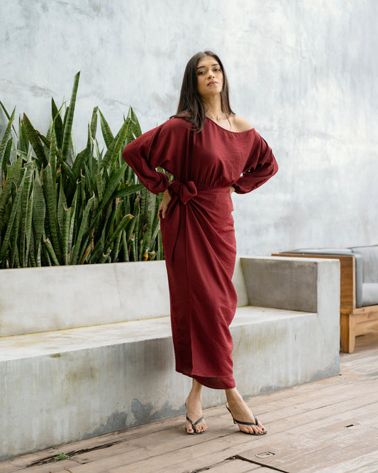 Drop Shoulder Long Sleeve Front Knot Dress