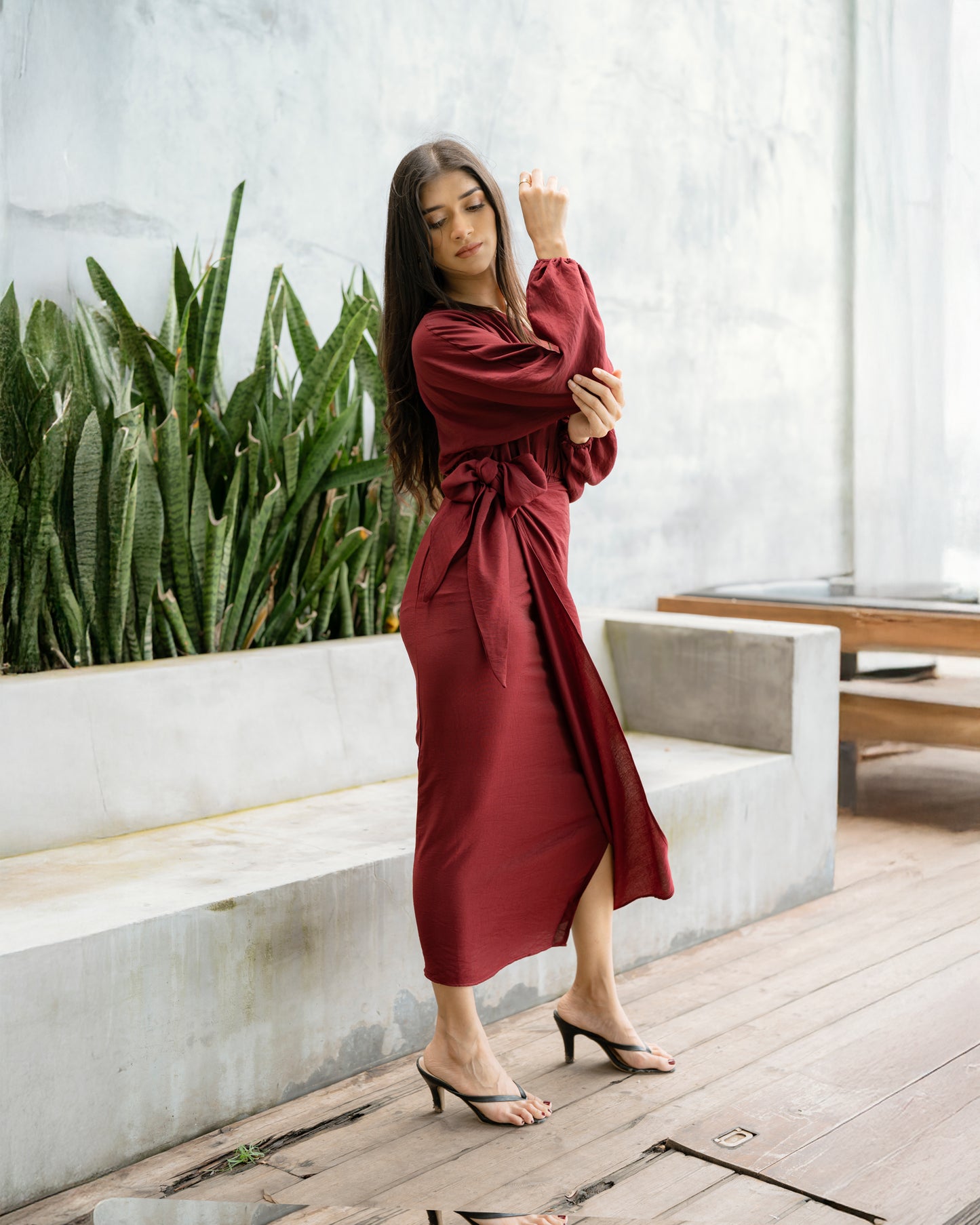 Drop Shoulder Long Sleeve Front Knot Dress
