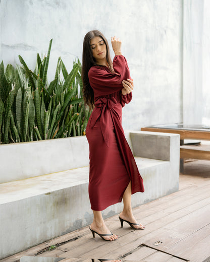 Drop Shoulder Long Sleeve Front Knot Dress