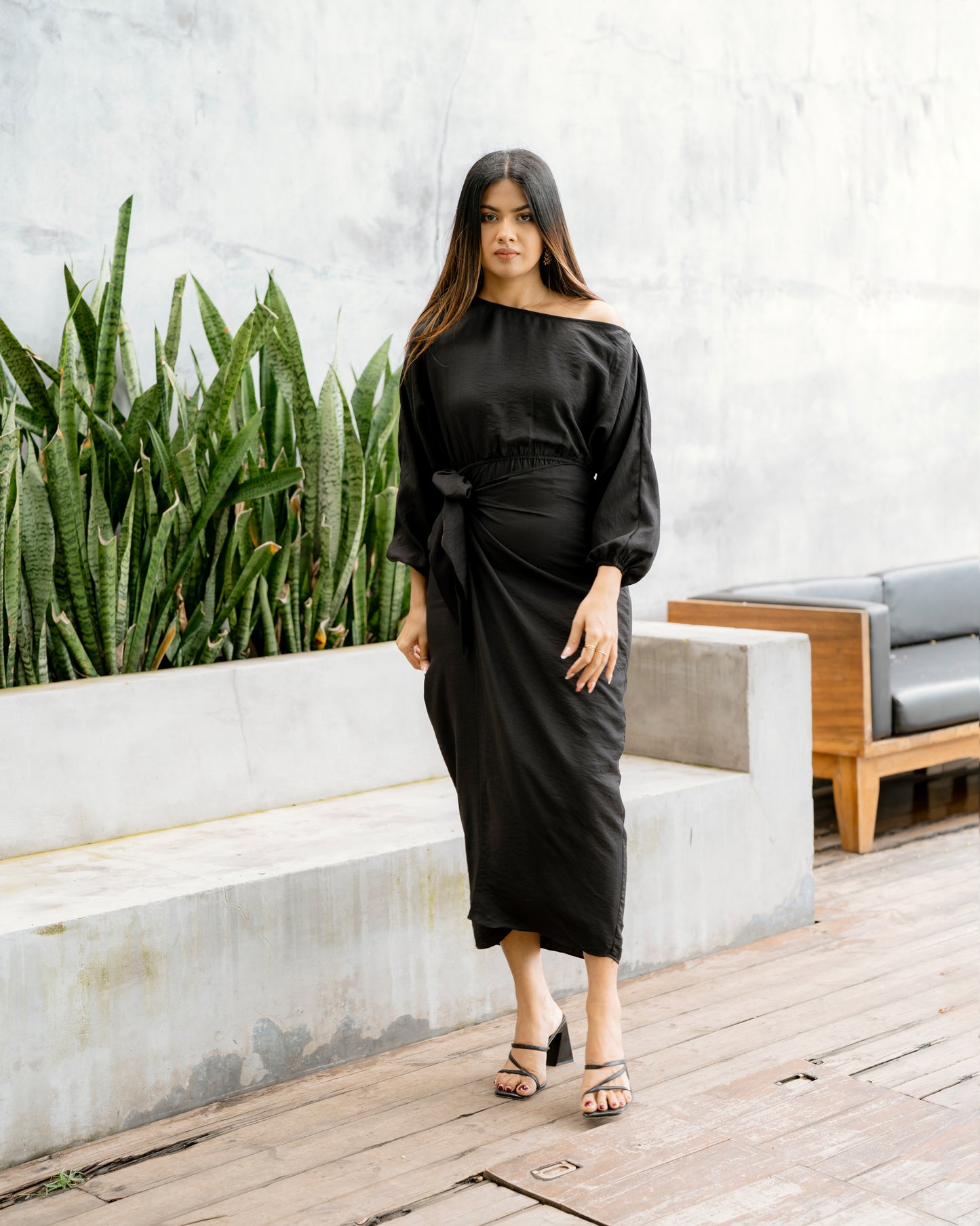 Drop Shoulder Long Sleeve Front Knot Dress