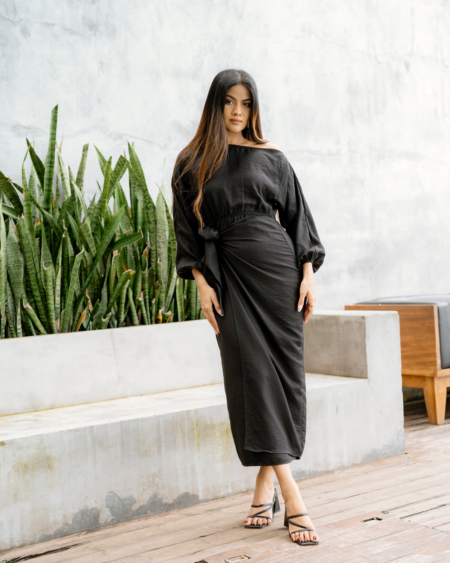 Drop Shoulder Long Sleeve Front Knot Dress