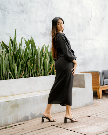 Drop Shoulder Long Sleeve Front Knot Dress