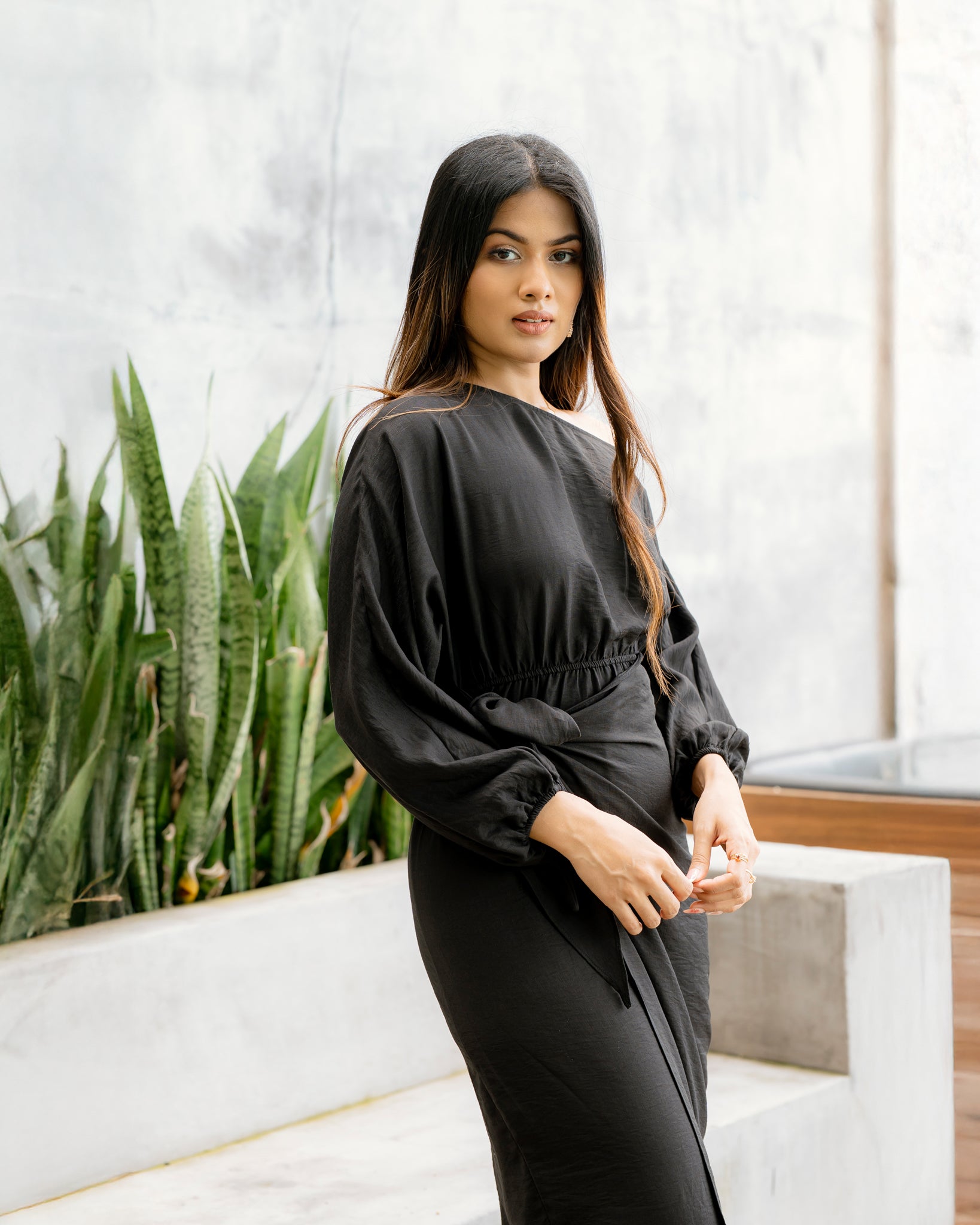Drop Shoulder Long Sleeve Front Knot Dress