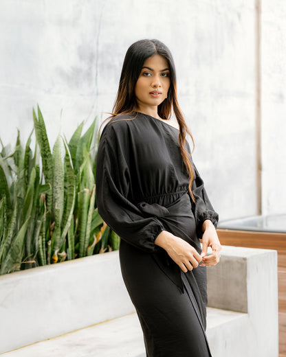 Drop Shoulder Long Sleeve Front Knot Dress