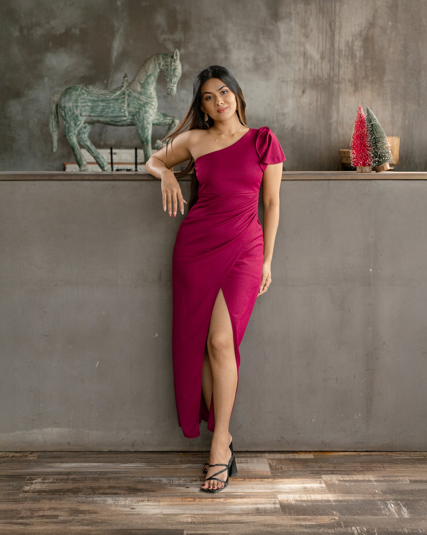 Ruffle Sleeve One Shoulder Long Dress