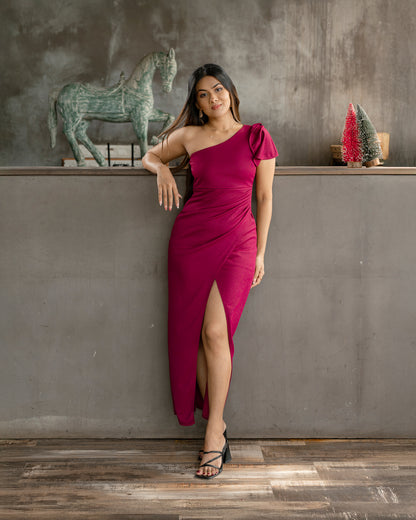 Ruffle Sleeve One Shoulder Long Dress