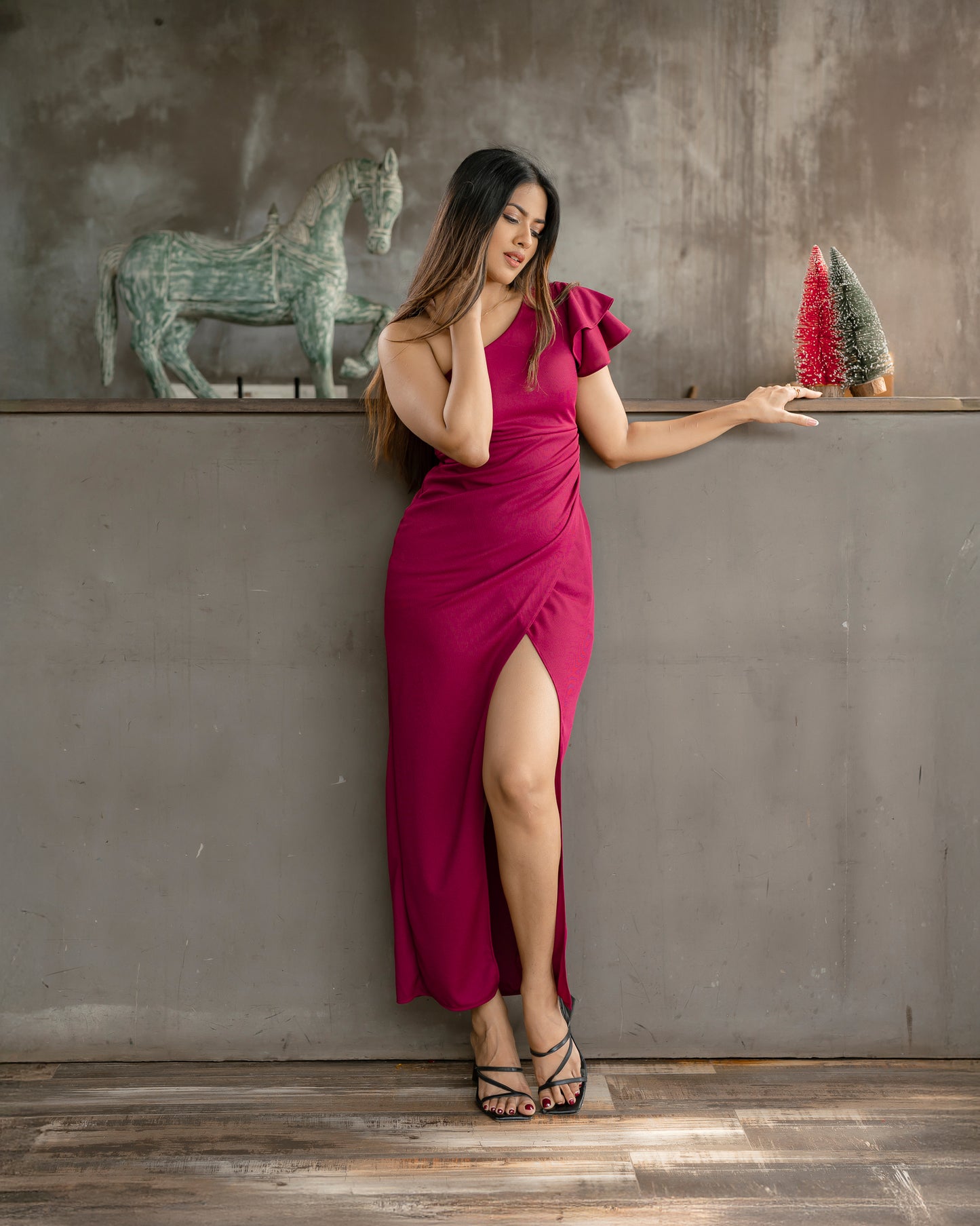 Ruffle Sleeve One Shoulder Long Dress