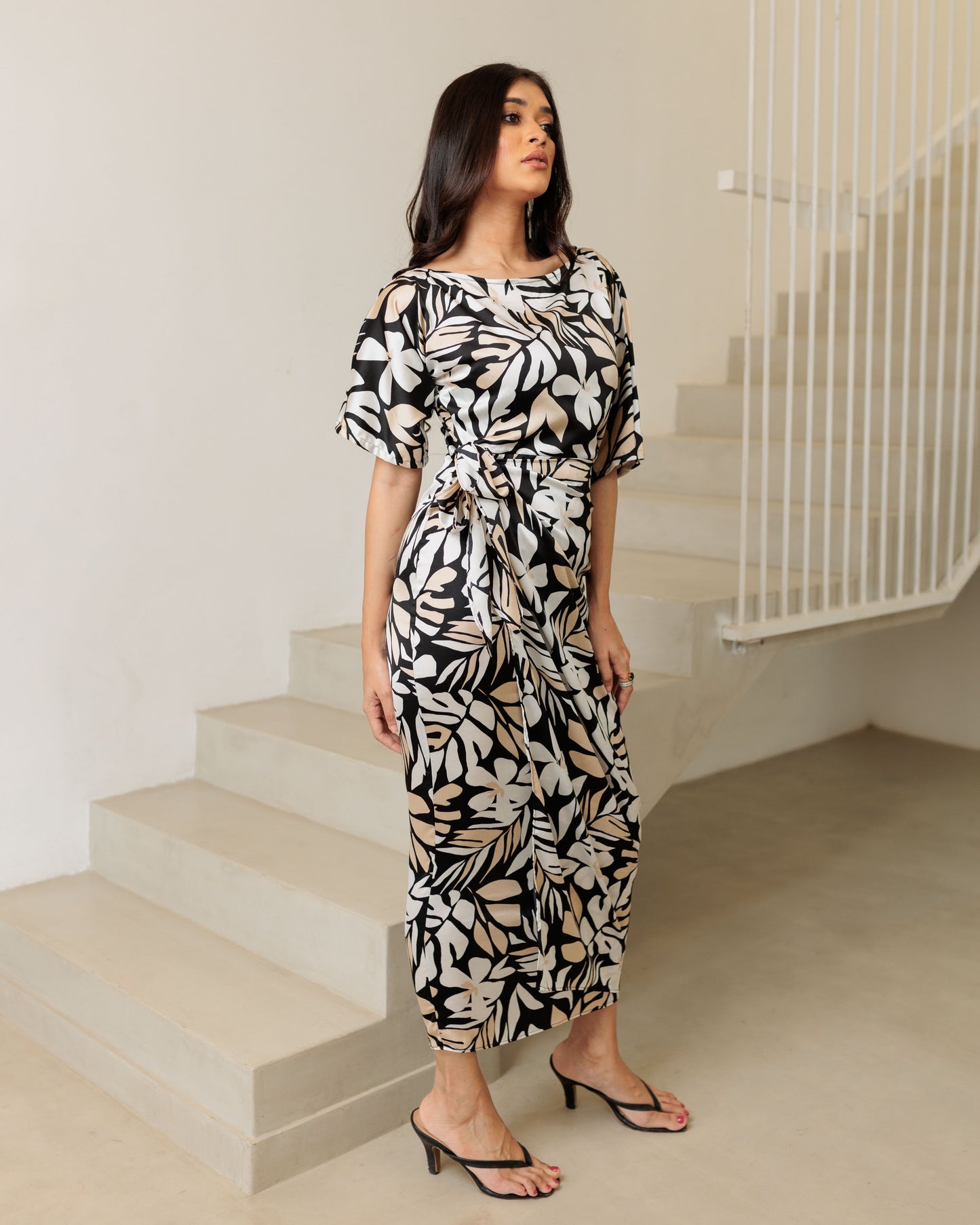 Drop Shoulder Front Knot Printed Dress
