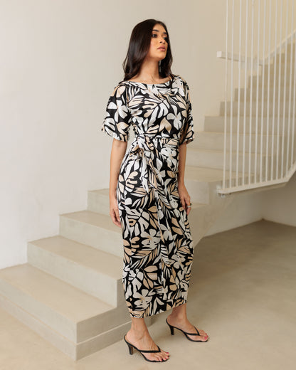 Drop Shoulder Front Knot Printed Dress