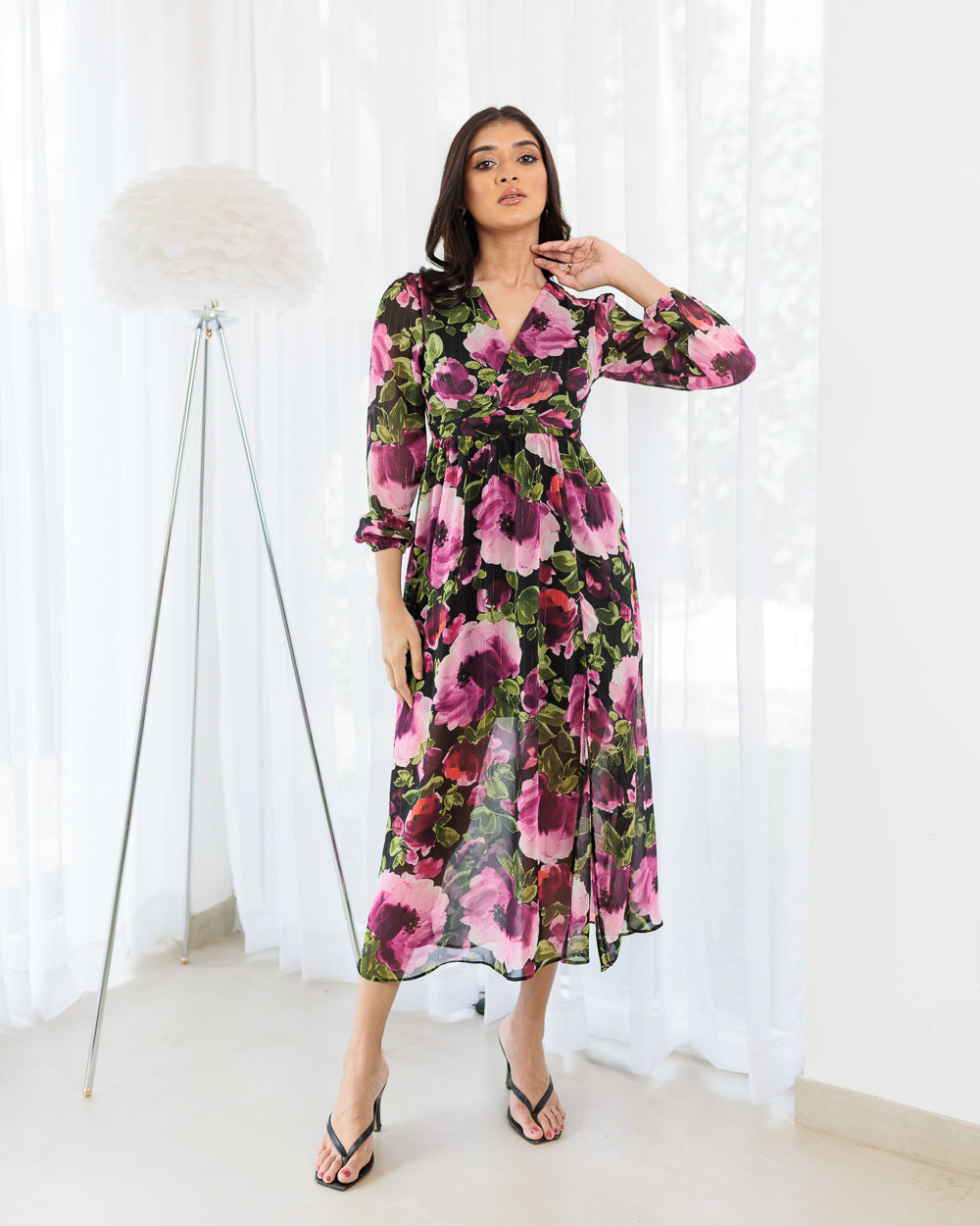 Long Sleeve Front Slit Floral Dress