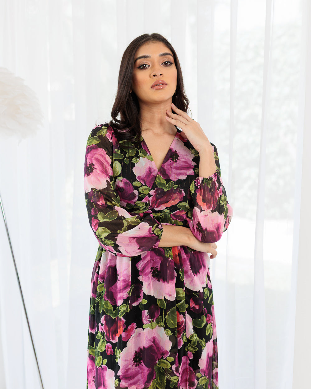 Long Sleeve Front Slit Floral Dress
