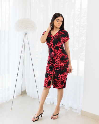 Front Gathered Printed Dress