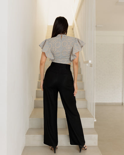 Cut-Lawn Flared Sleeve Crop Top