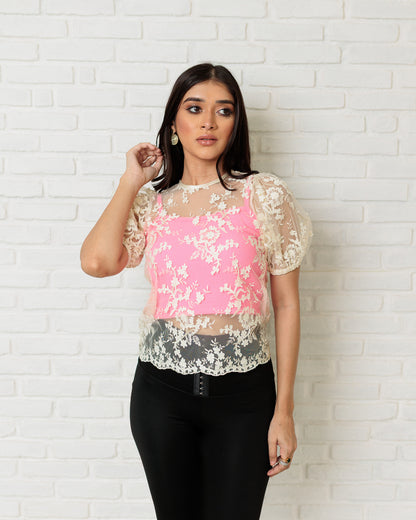 Puff Sleeve Mesh Top