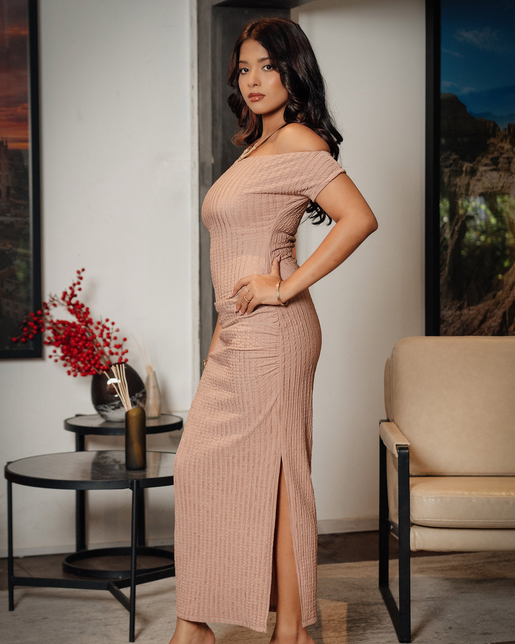 Drop Shoulder Front Slit Dress