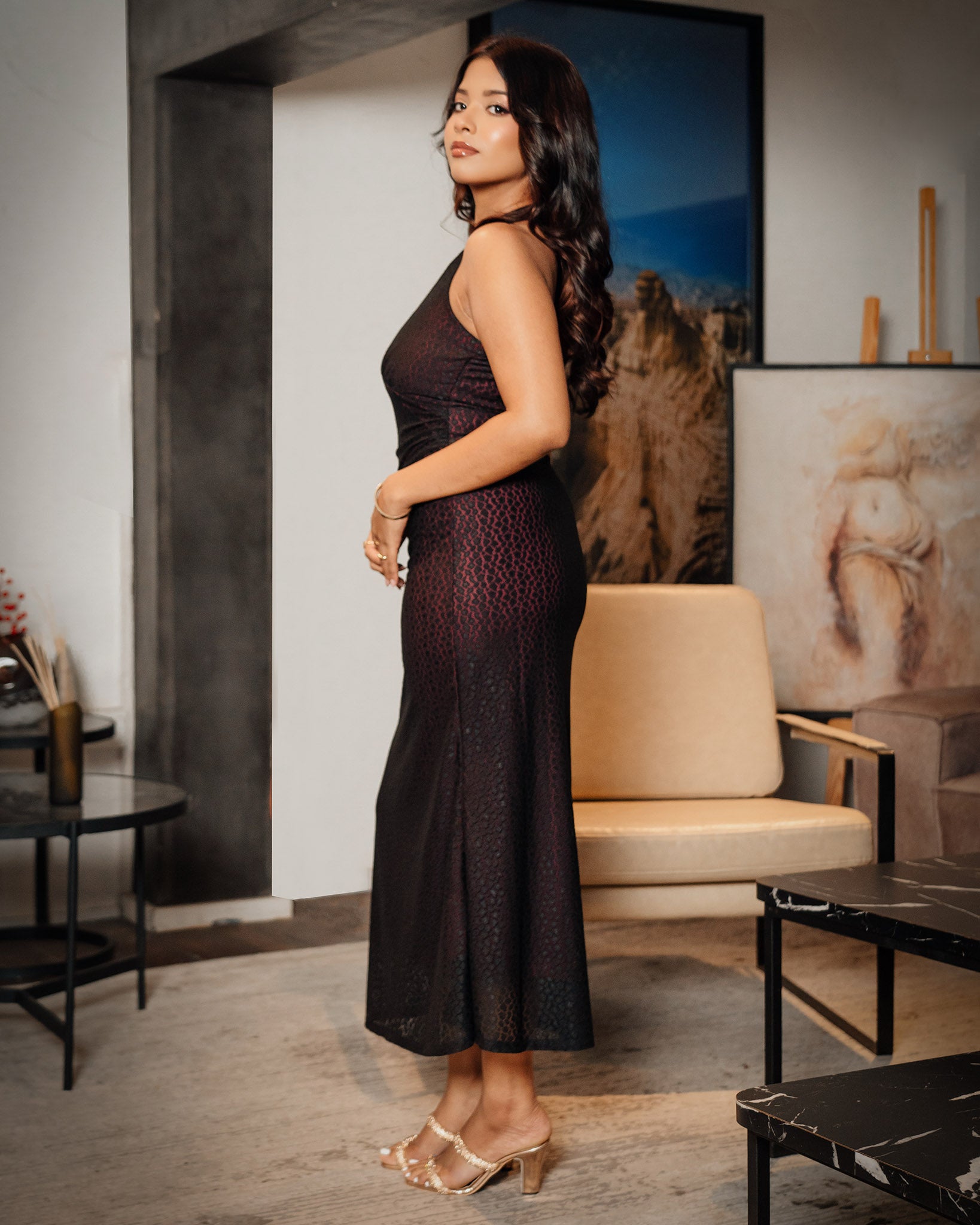 Pleated Mesh V-Neck Dress