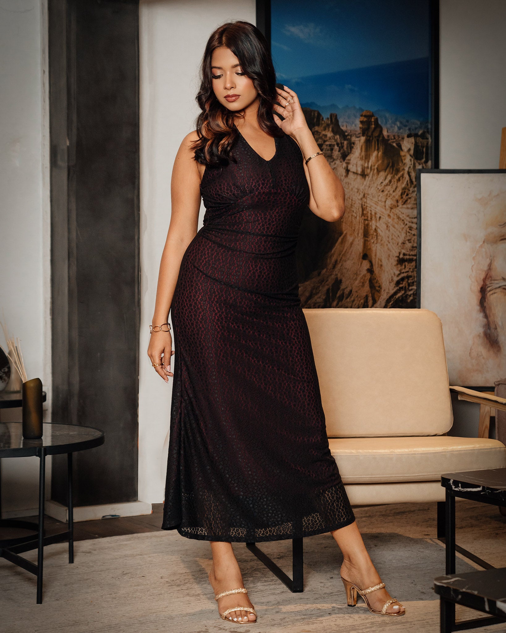 Pleated Mesh V-Neck Dress