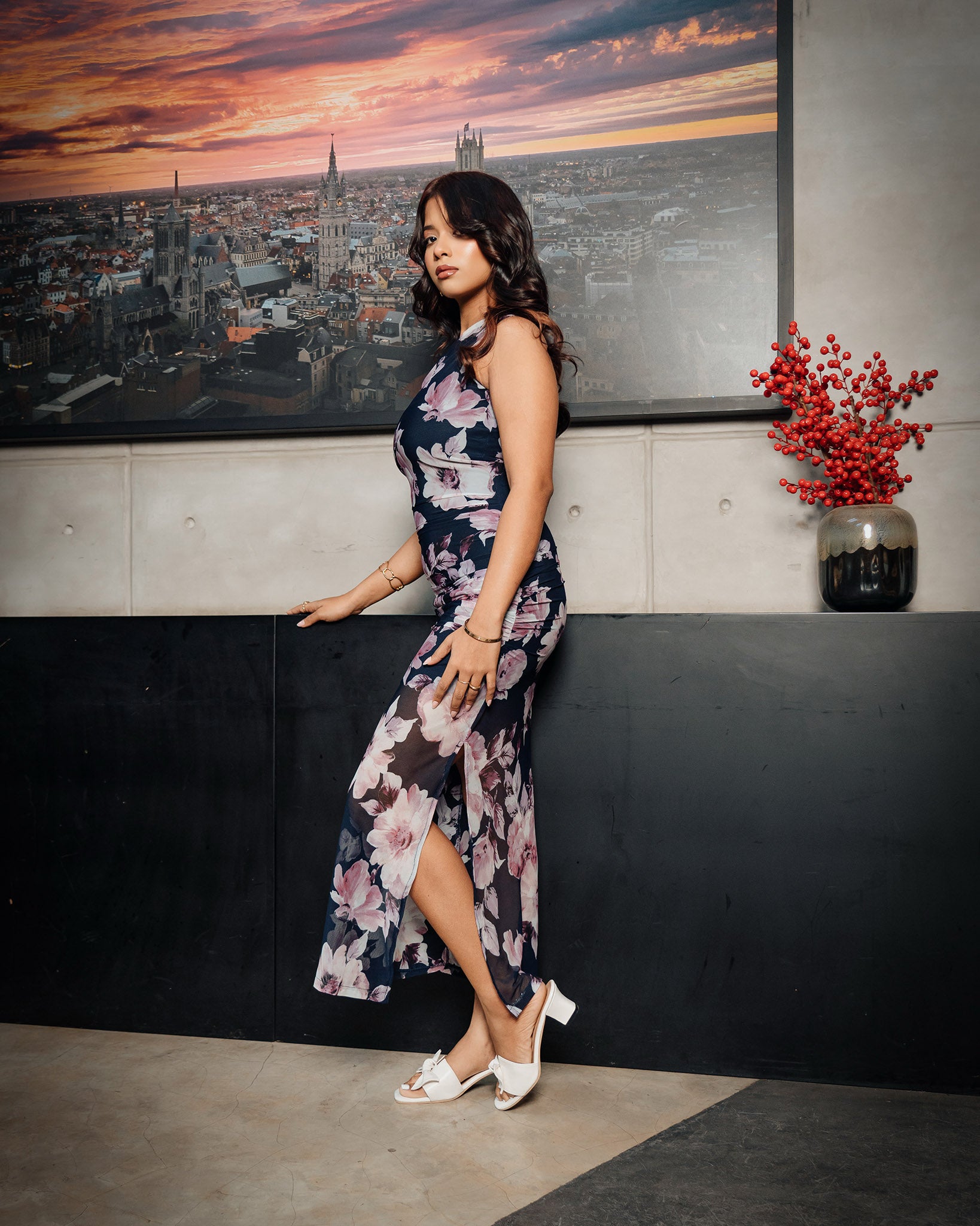 One Shoulder Printed Mesh Dress