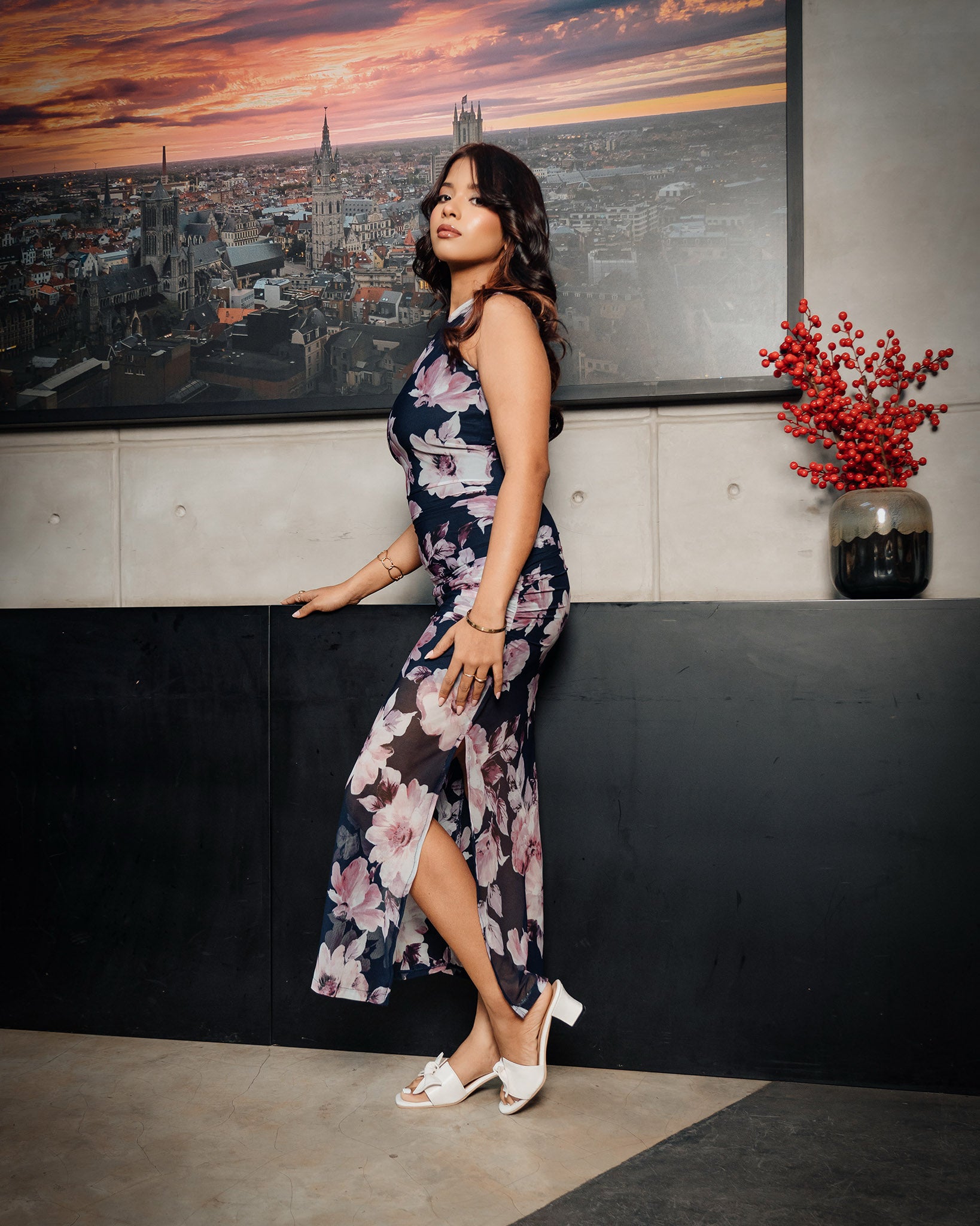 One Shoulder Printed Mesh Dress