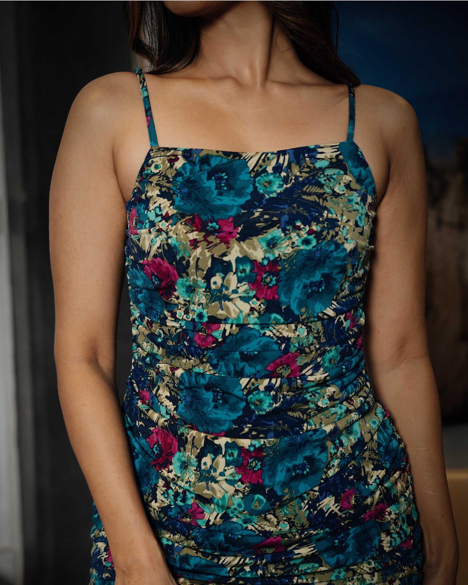 Strappy Gathered Printed Dress