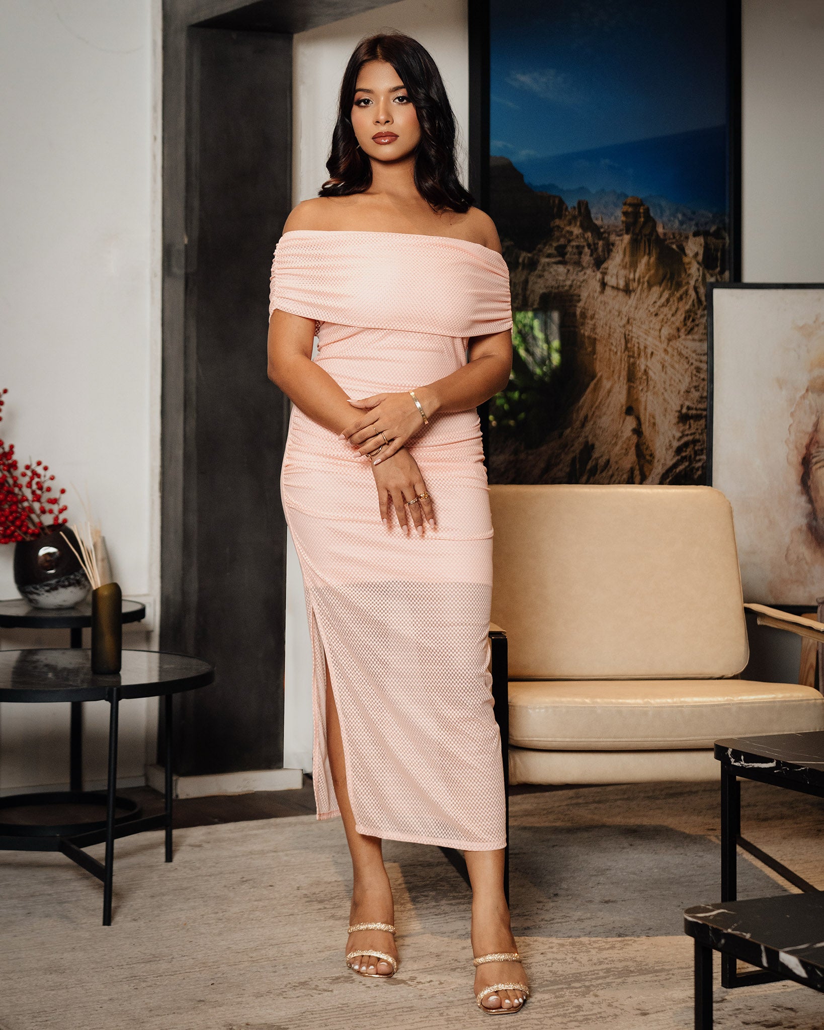 Mesh Drop Shoulder Gathering Dress