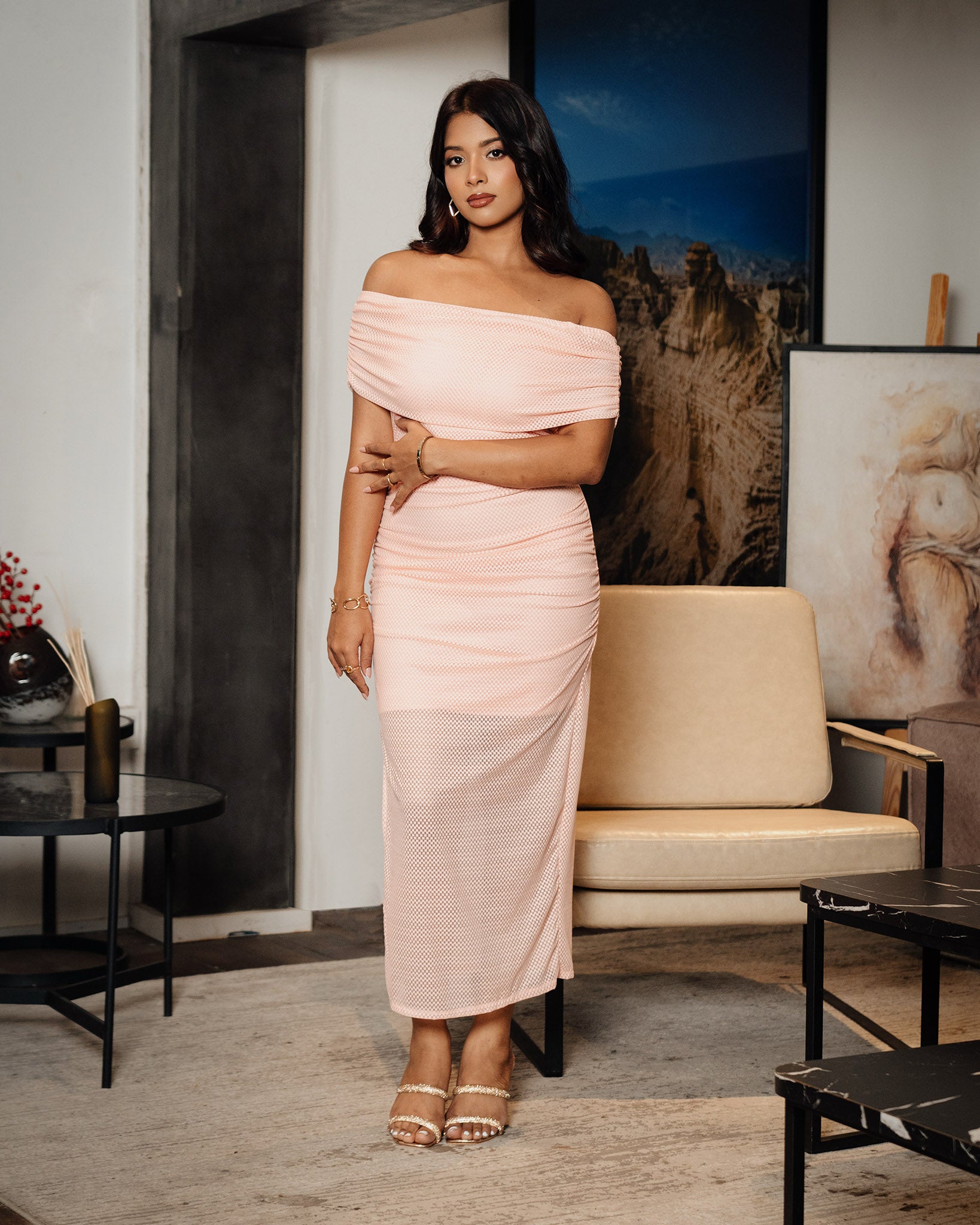 Mesh Drop Shoulder Gathering Dress
