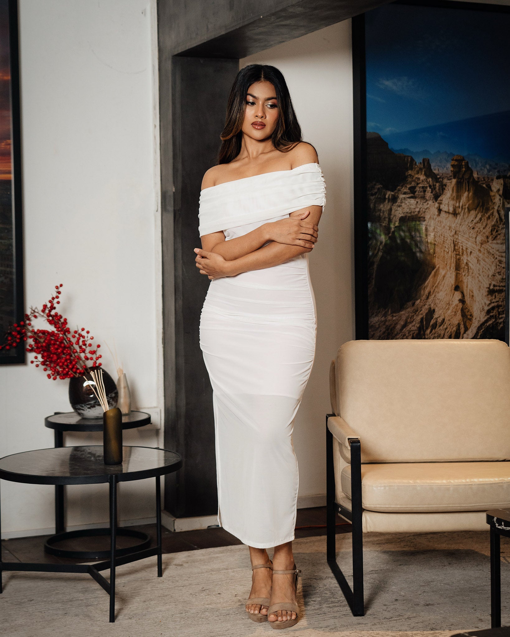 Mesh Drop Shoulder Gathering Dress