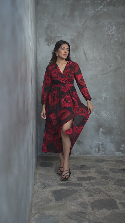 Surplice Neckline Roses Printed Maxi Dress